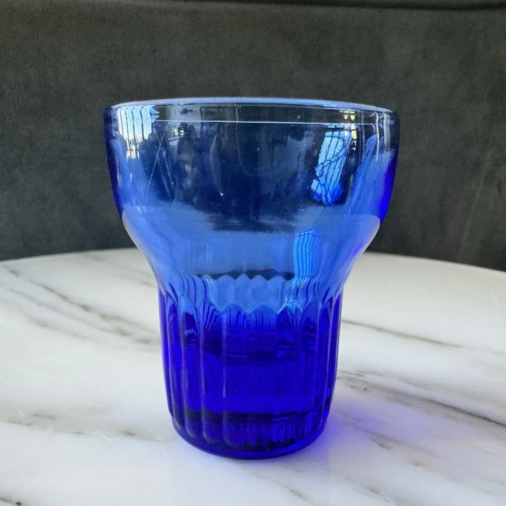 Vintage Cobalt Blue Ribbed Depression Shot Glass ~ Hazel Atlas